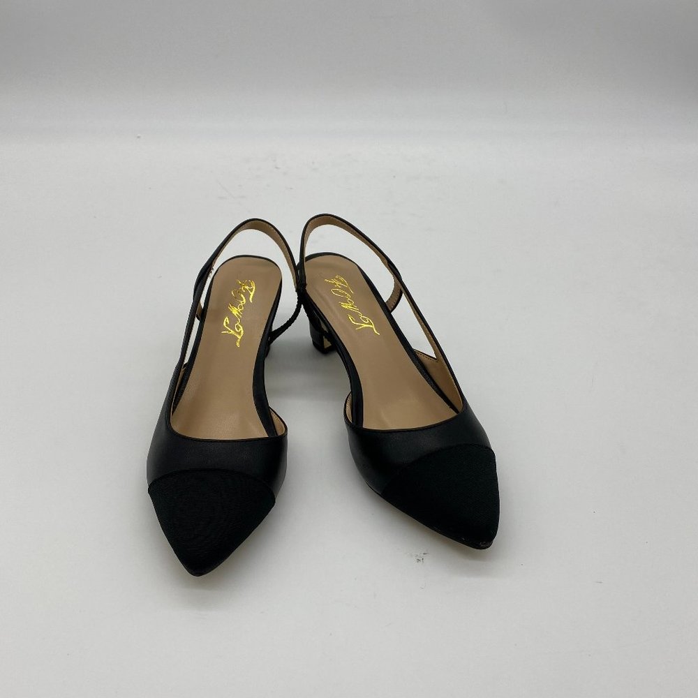 FOWT Black Slingback Pointy Toe Chunky Sandal Heel